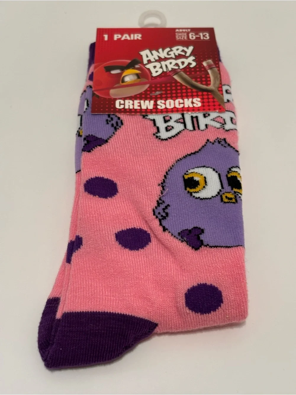 Angry Birds Adult Unisex Socks Crew 1-pair  Shoe Size 6-13 Pink Novelty Socks